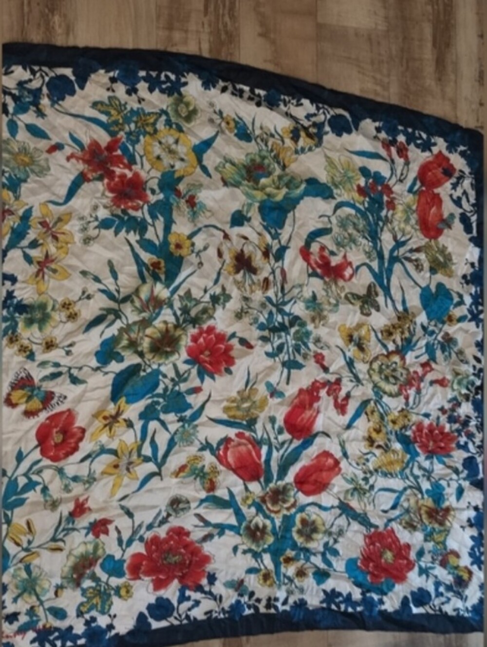 Johnny Was Floral Silk Scarf in Navy, White & Red